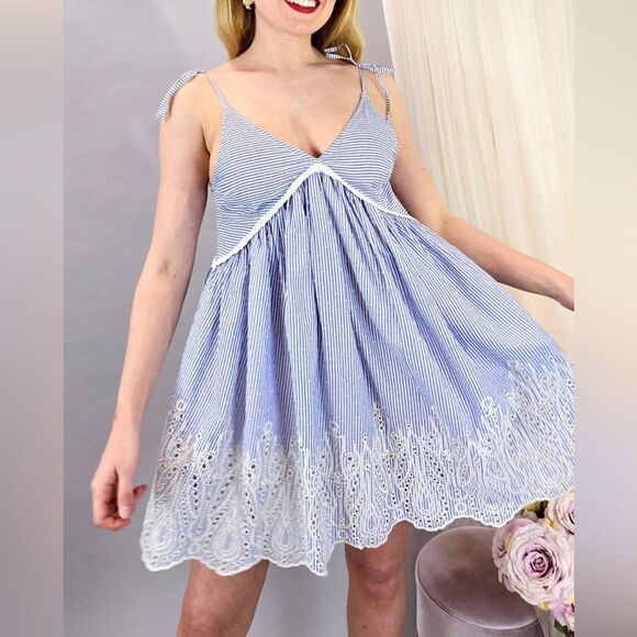 ASOS Tie Shoulder Striped Smocked Mini Sun Dress 100% Cotton Size 10 - Picture 1 of 11